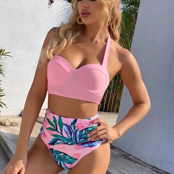 Tropical Push Up Halter Bikini Swimsuit - Picture 1 of 5